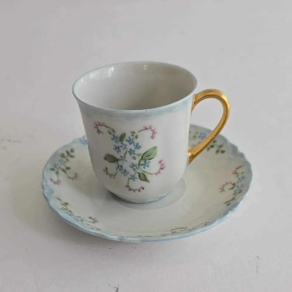Vintage Set Of 2 Demitasse Cup Saucer Bavaria Hutschenreuther China "Blue Rock" - Picture 1 of 11